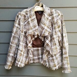 Katherine New York Brown White Metalic Gold Tweed Raw Edge Jacket Large